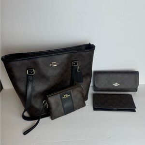 Coach Brown/Black Zip Top Gallery Tote Purse Signature Wallet Wristlet Bundle